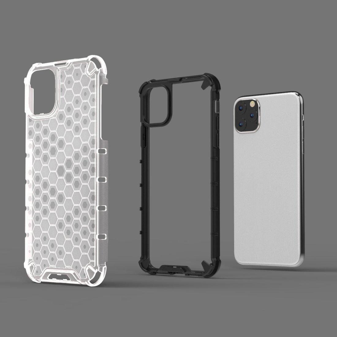 AMZER Honeycomb SlimGrip Hybrid Bumper Case for iPhone XI in various colors, showcasing its stylish honeycomb design and dual-layer protection.