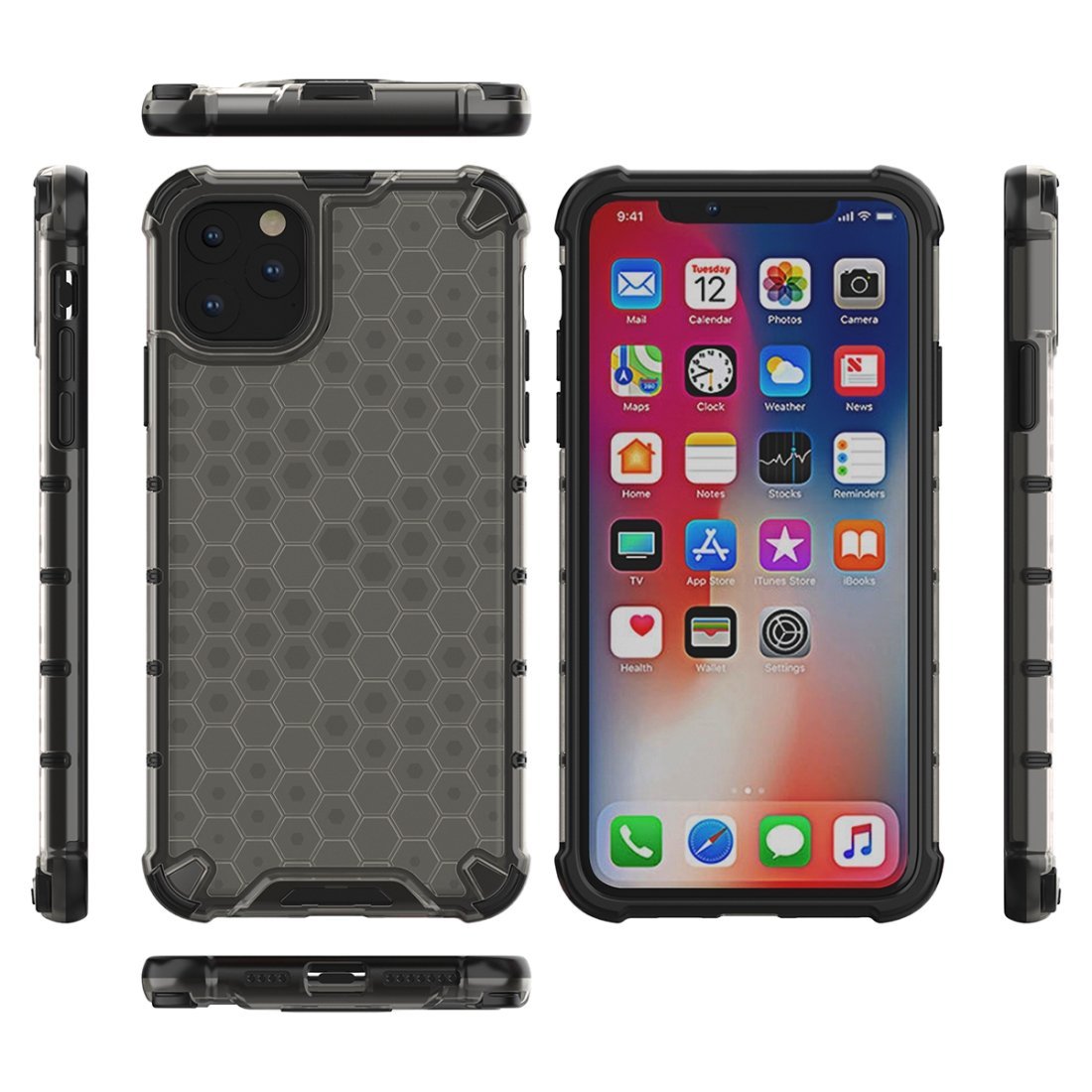 AMZER Honeycomb SlimGrip Hybrid Bumper Case for iPhone XI in various colors, showcasing its stylish honeycomb design and dual-layer protection.