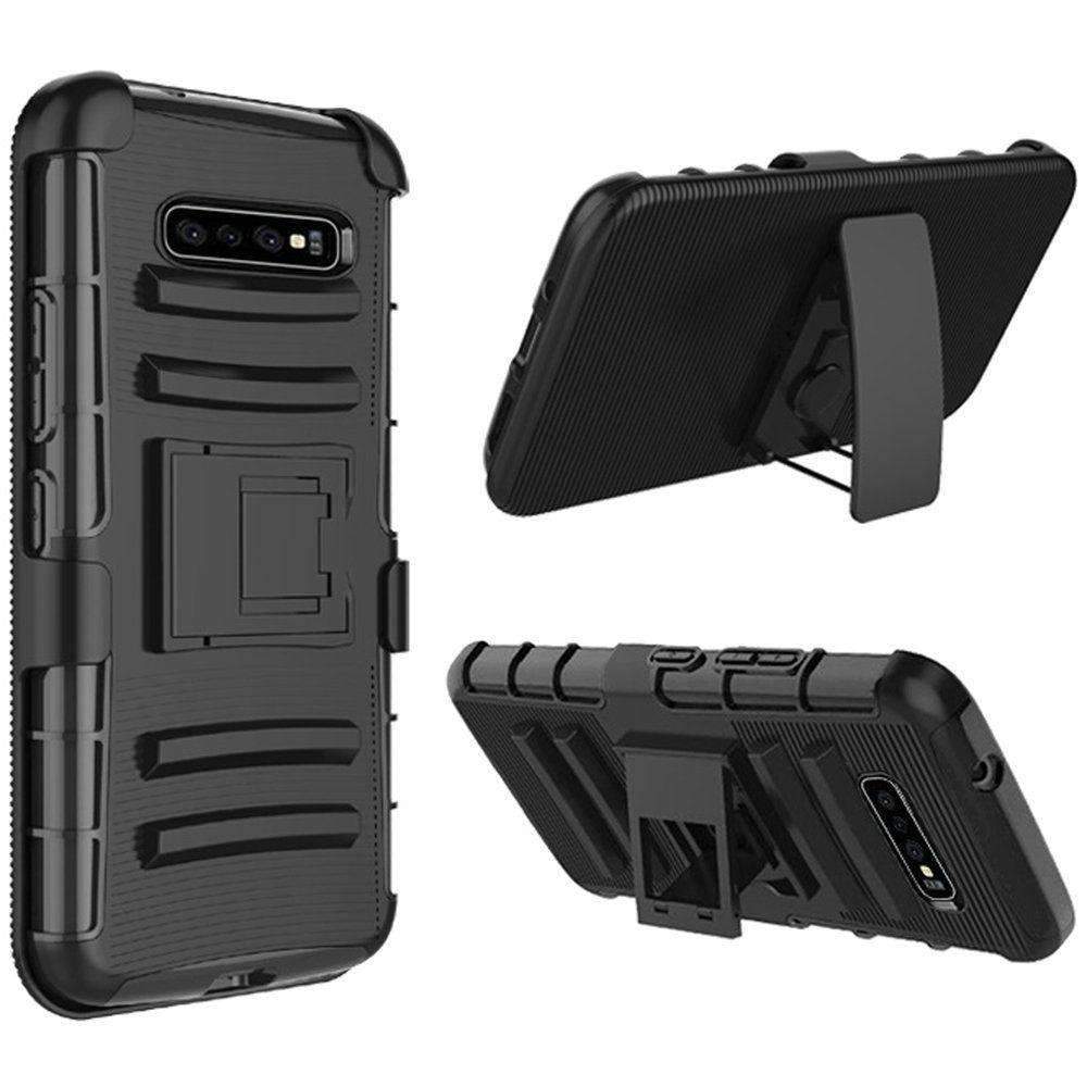 AMZER Hybrid Kickstand Case with Holster for Samsung Galaxy S10, showcasing its durable TPU and PC design, 360-degree rotating belt clip, and precise cutouts.