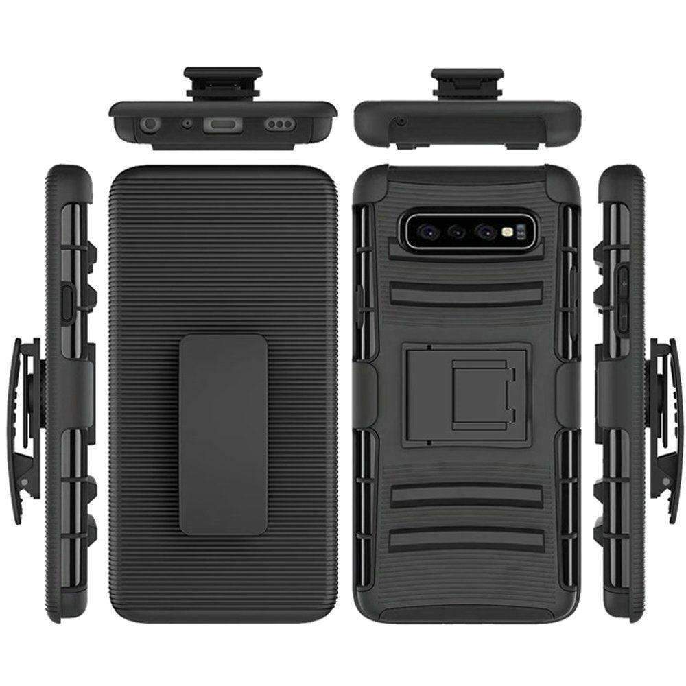 AMZER Hybrid Kickstand Case with Holster for Samsung Galaxy S10, showcasing its durable TPU and PC design, 360-degree rotating belt clip, and precise cutouts.