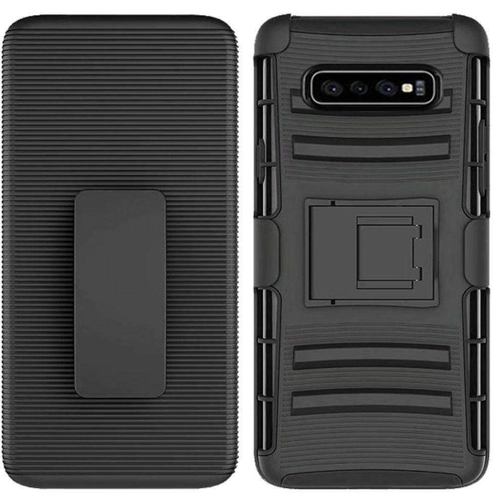 AMZER Hybrid Kickstand Case with Holster for Samsung Galaxy S10, showcasing its durable TPU and PC design, 360-degree rotating belt clip, and precise cutouts.