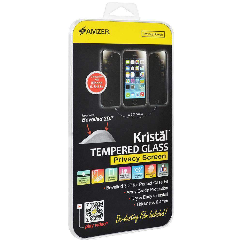 AMZER Kristal Privacy Screen Protector for iPhone 5/5S/SE, showcasing its sleek design and privacy features.