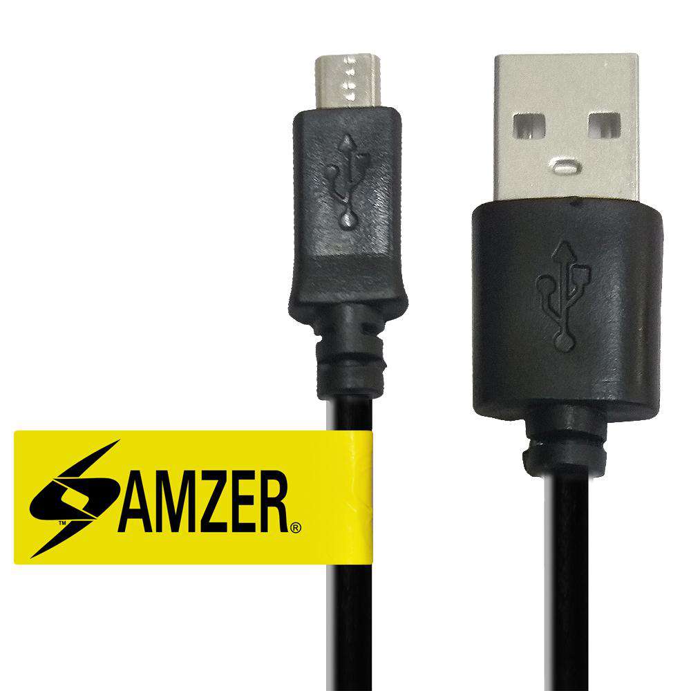 Amzer Micro USB to USB 2.0 Data Sync and Charge Cable, 1ft long, black color, ideal for charging and data transfer.