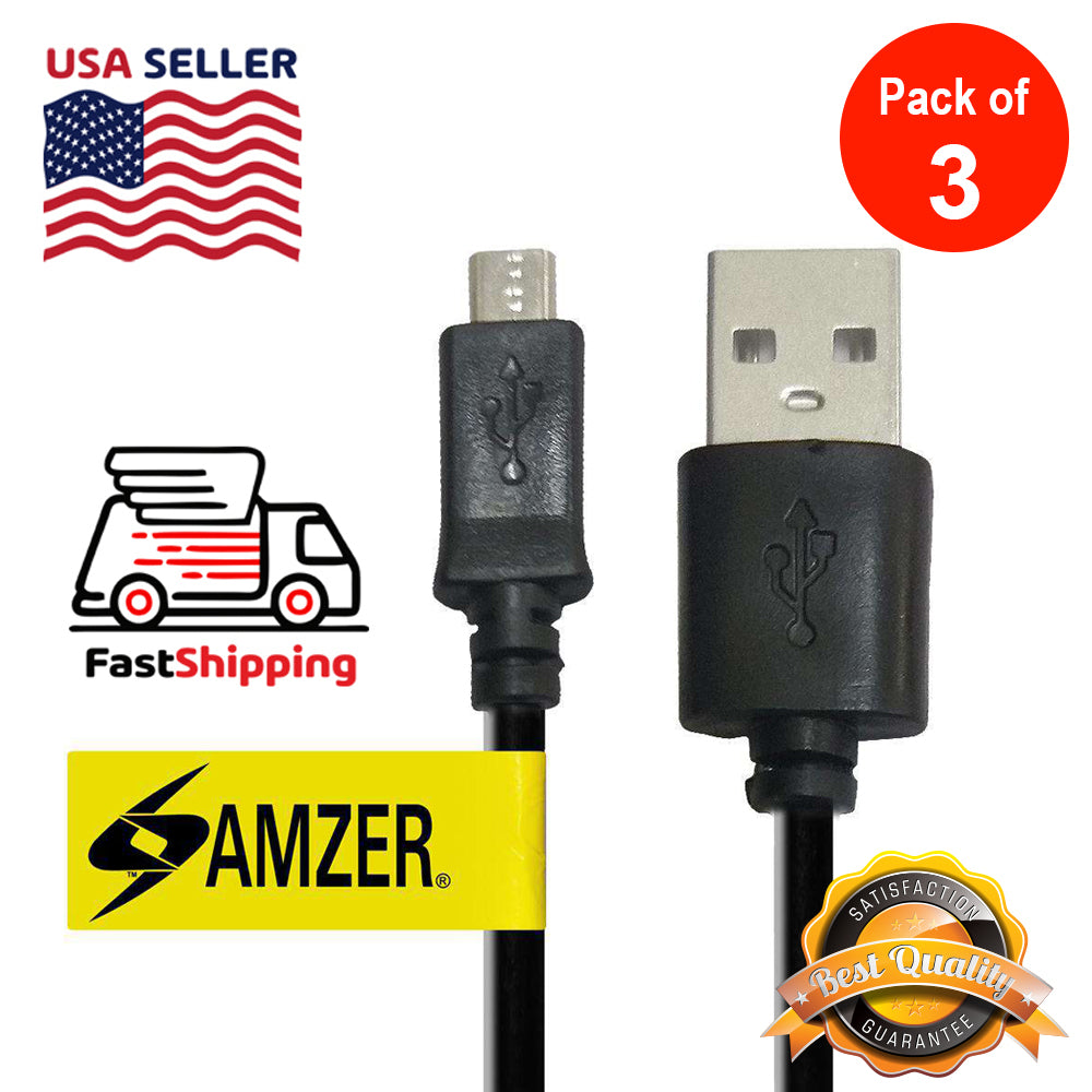 Amzer Micro USB to USB 2.0 Data Sync and Charge Cable, 1ft long, black color, ideal for charging and data transfer.