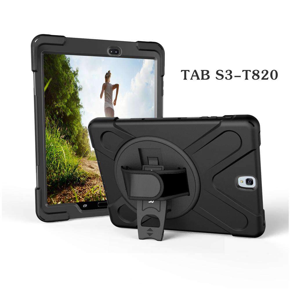 AMZER Multilayer Case for Samsung Galaxy Tab S3 with 360-degree rotating kickstand and elastic hand strap, showcasing rugged design.