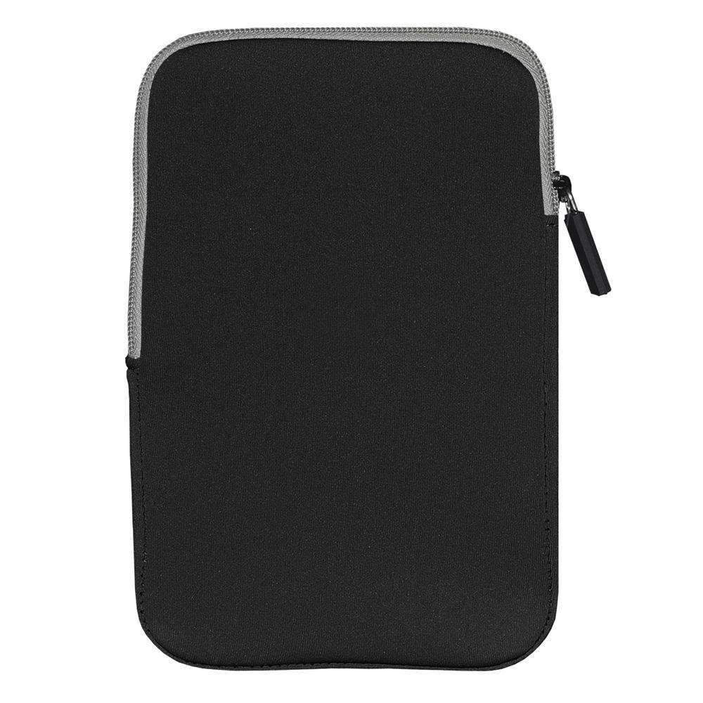 Amzer Neoprene Sleeve in black, designed for Kindle Fire and other tablets, featuring an external pocket for accessories.