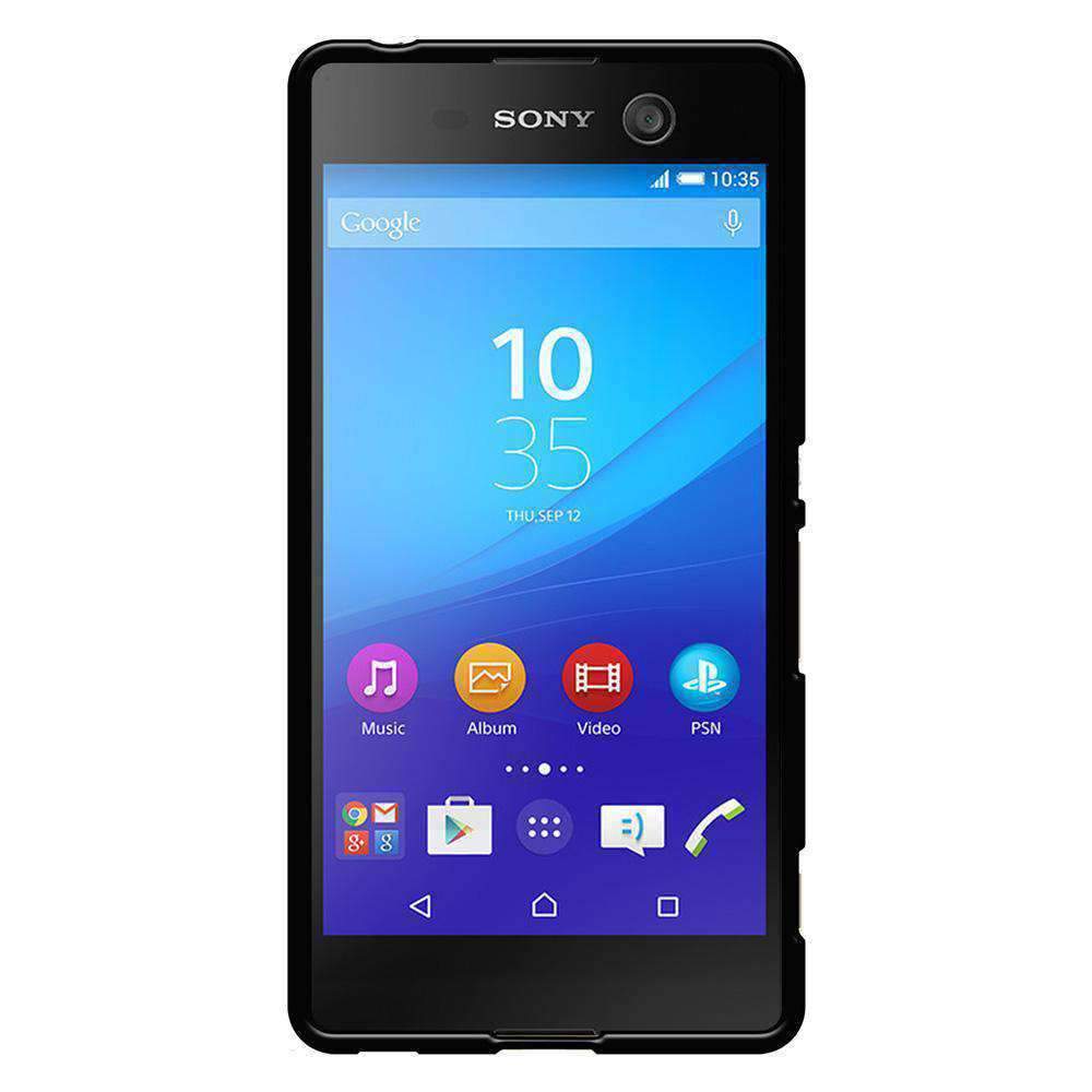 AMZER Pudding Soft TPU Skin Case for Sony Xperia M5 in black, showcasing its matte finish and glossy bumper.