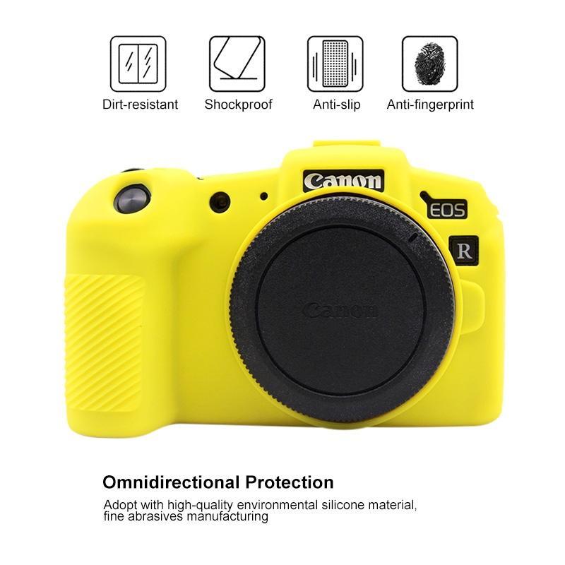 AMZER Soft Silicone Protective Case in yellow for Canon EOS RP, showcasing its smooth texture and snug fit.