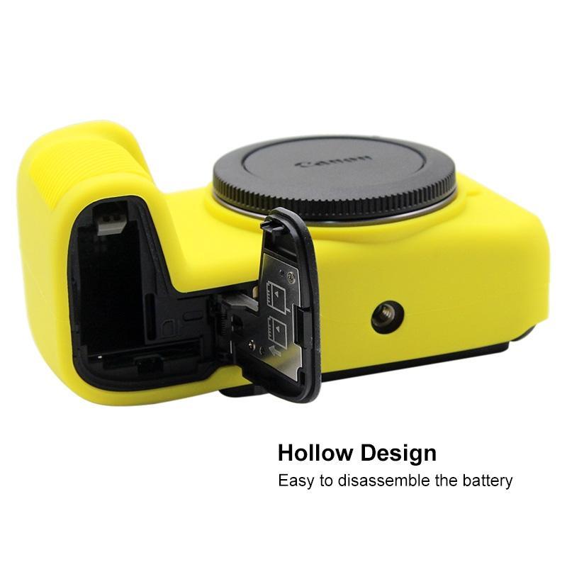 AMZER Soft Silicone Protective Case in yellow for Canon EOS RP, showcasing its smooth texture and snug fit.