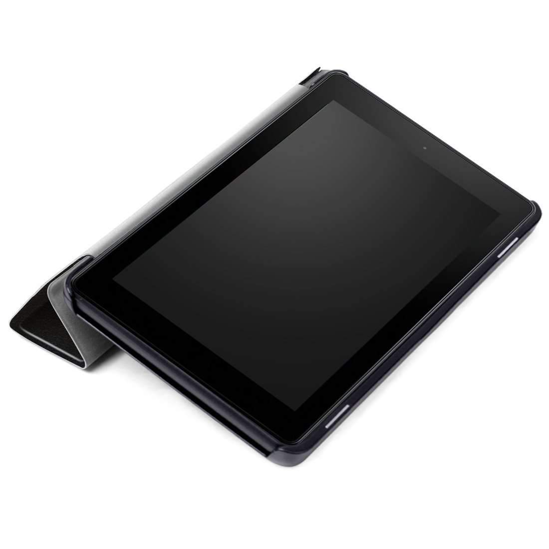 AMZER Texture Horizontal Flip Leather Case in Black, showcasing its elegant design and 3-fold holder feature for tablet protection.