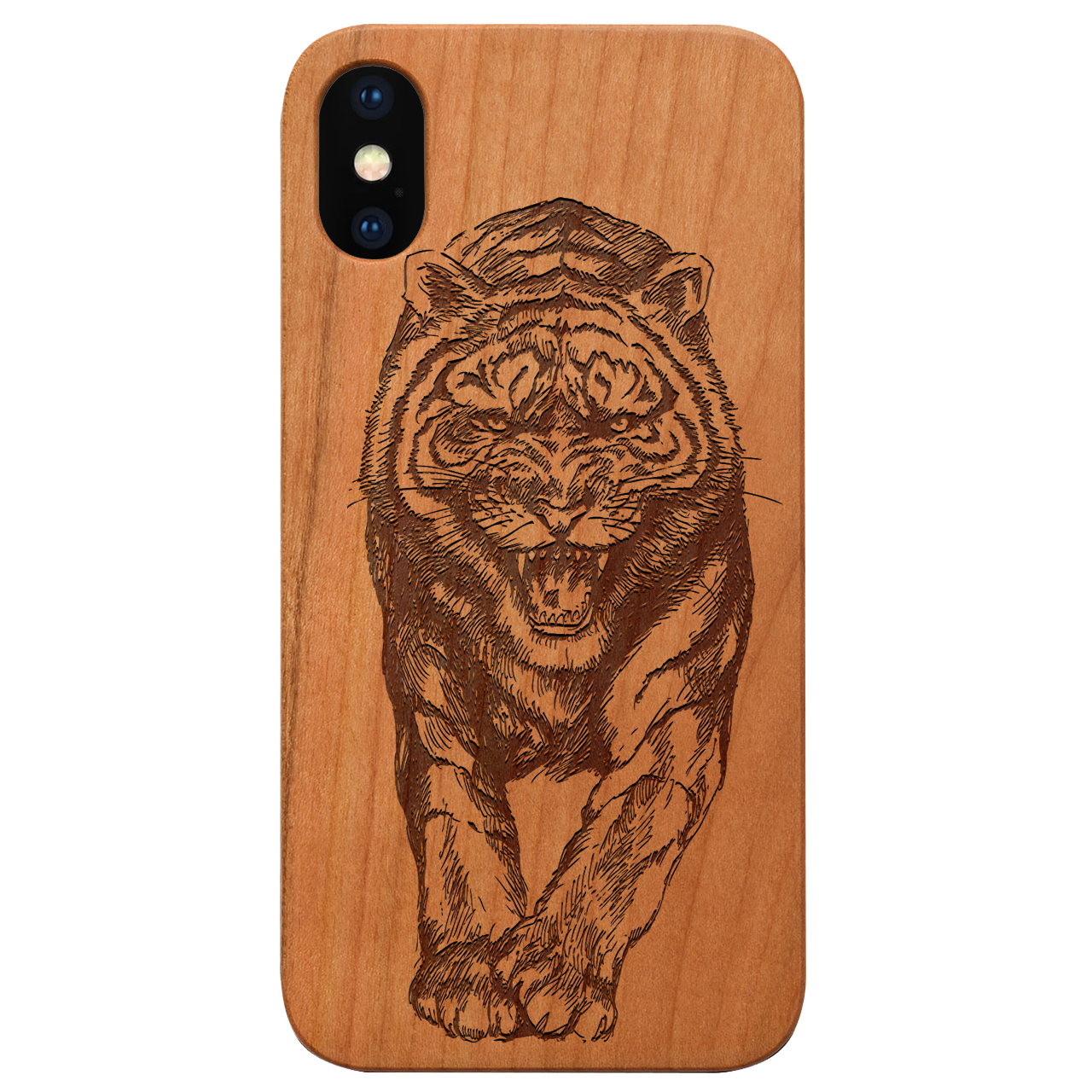 Angry Tiger engraved wooden phone case showcasing intricate laser design and natural wood finish.