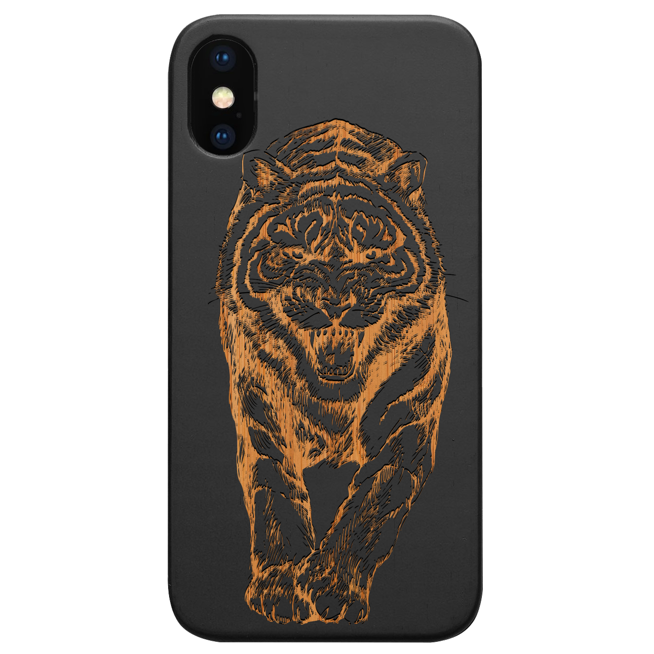 Angry Tiger engraved wooden phone case showcasing intricate laser design and natural wood finish.