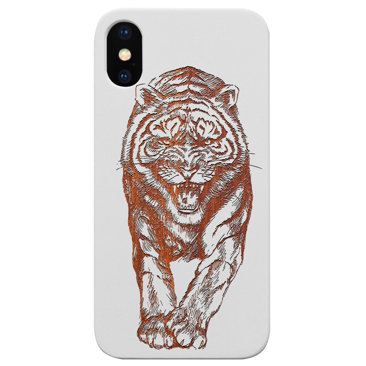 Angry Tiger engraved wooden phone case showcasing intricate laser design and natural wood finish.