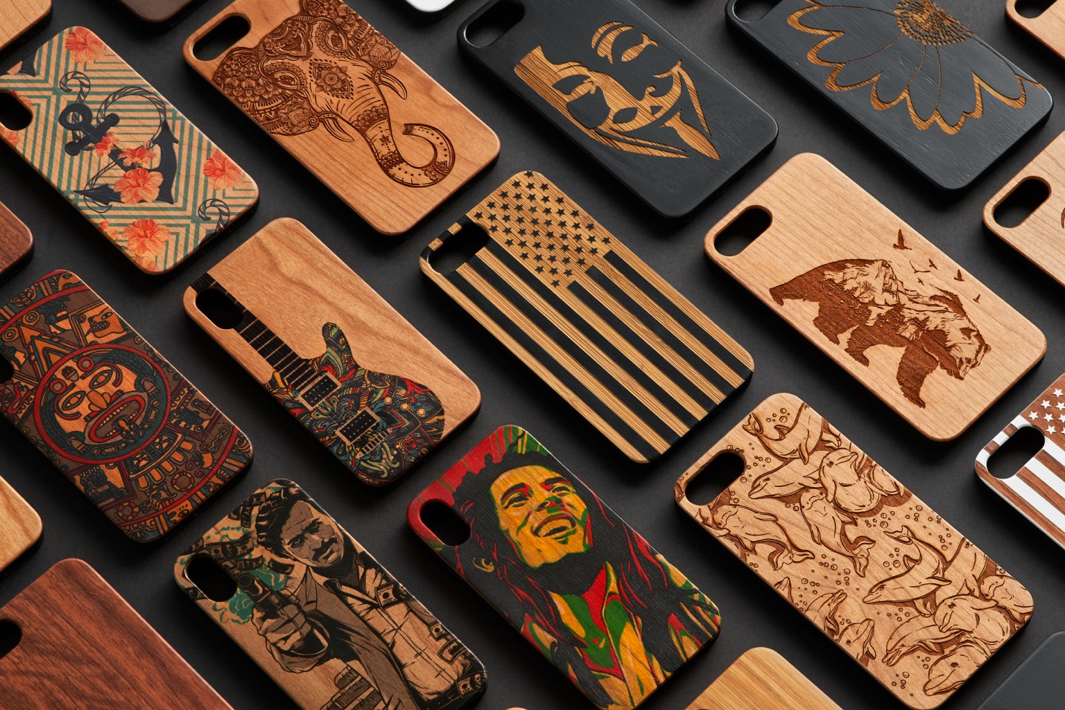 Angry Tiger engraved wooden phone case showcasing intricate laser design and natural wood finish.