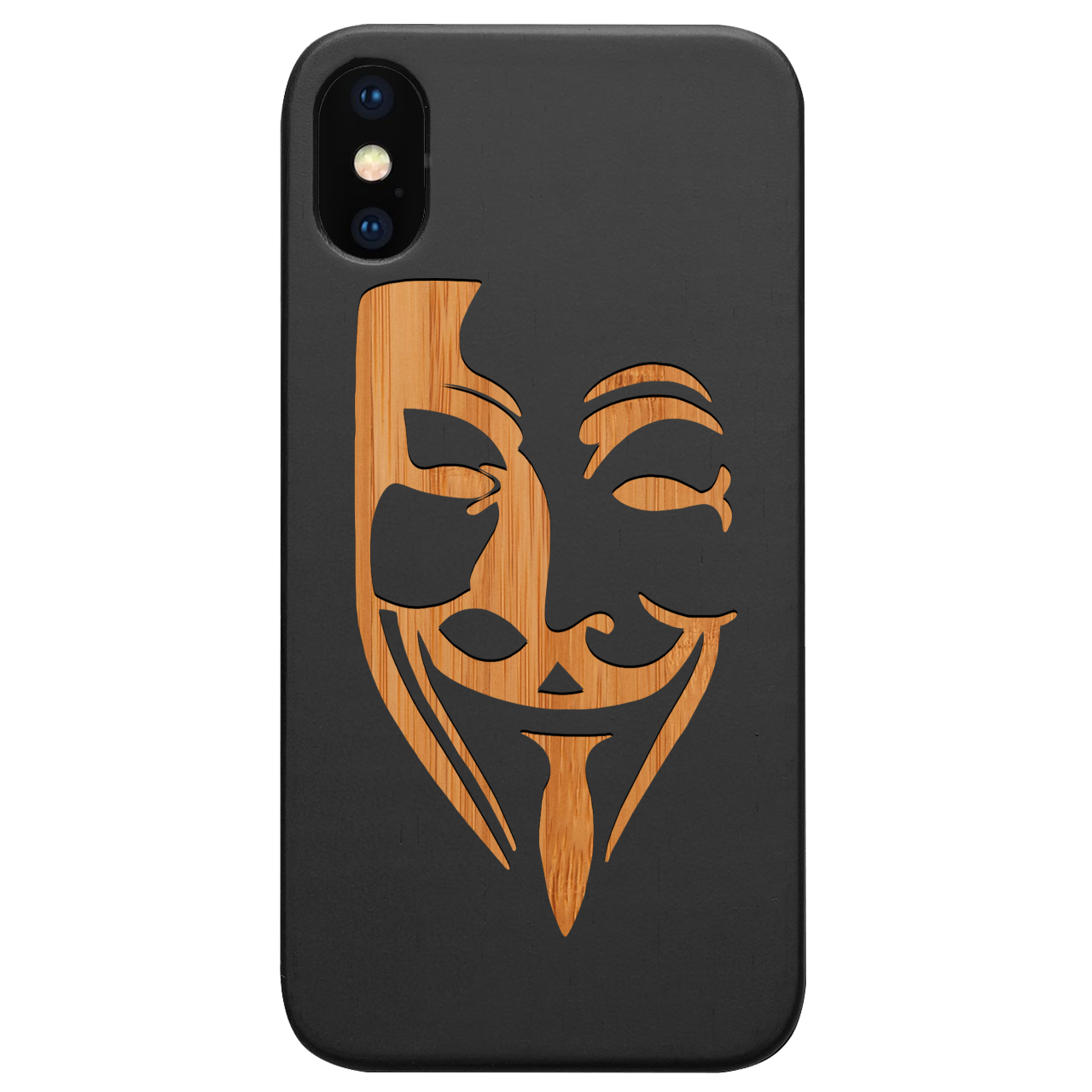 Anonymous Engraved wooden phone case featuring unique laser-engraved designs and natural wood finish.