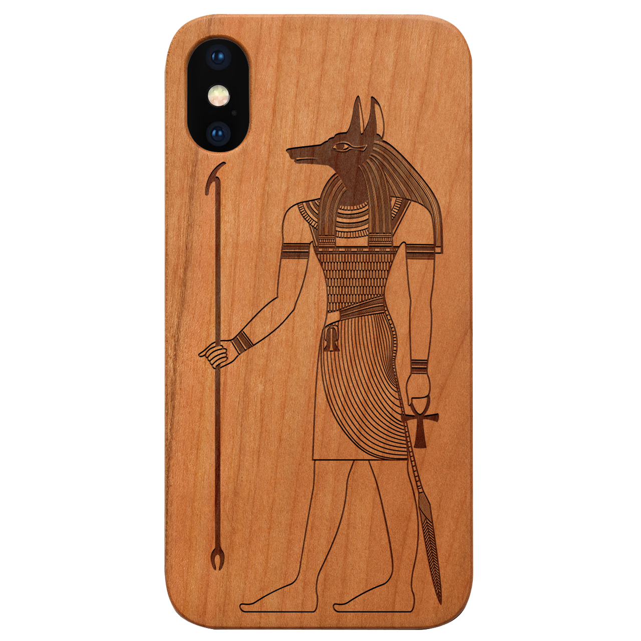 Anubis Engraved wooden phone case showcasing intricate laser-engraved design and natural wood finish.