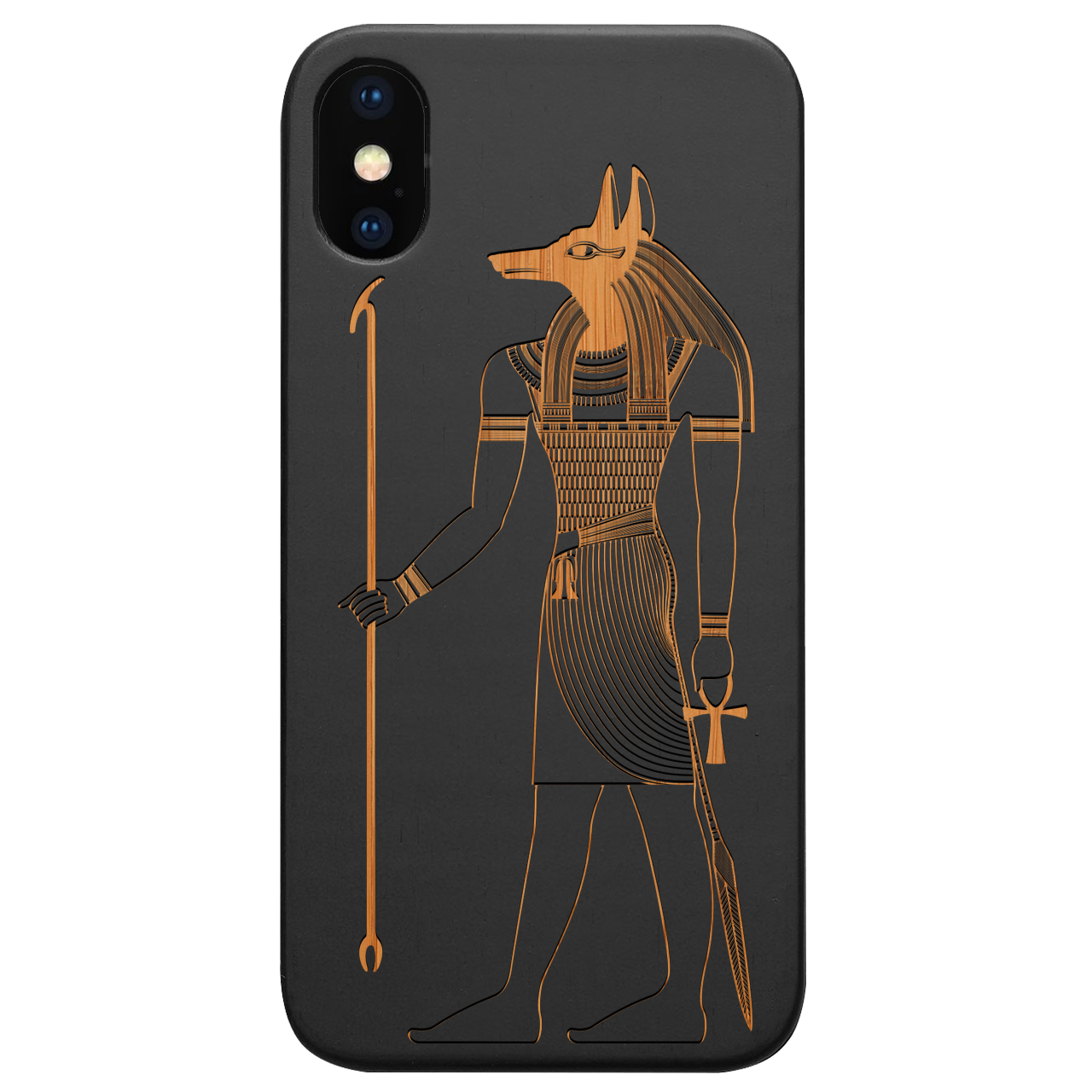 Anubis Engraved wooden phone case showcasing intricate laser-engraved design and natural wood finish.