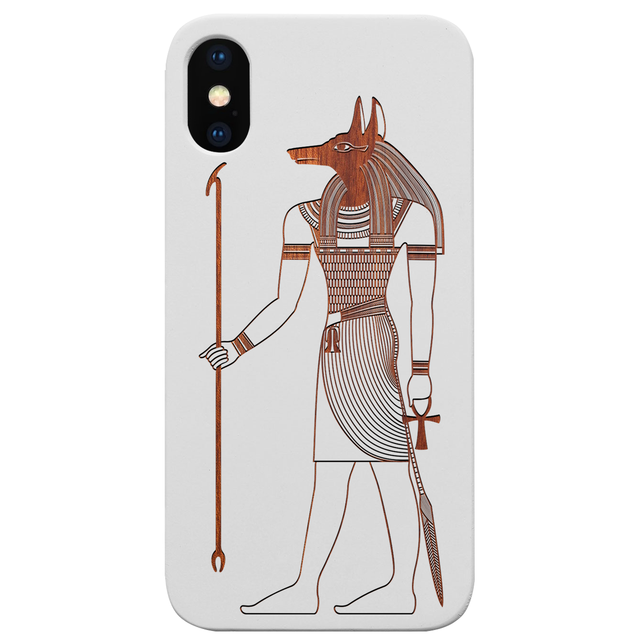 Anubis Engraved wooden phone case showcasing intricate laser-engraved design and natural wood finish.