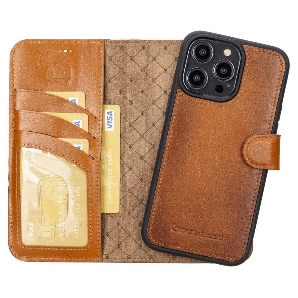 Bouletta iPhone 14 Series Detachable Leather Wallet Case in darker color, showcasing premium leather, card slots, and a kick-stand feature.