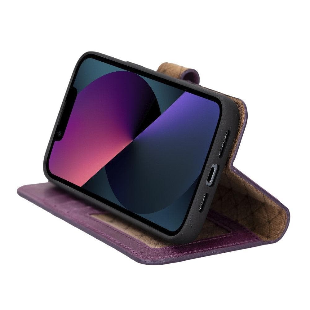 Bouletta iPhone 14 Series Detachable Leather Wallet Case in darker color, showcasing premium leather, card slots, and a kick-stand feature.