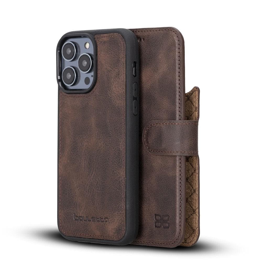 Bouletta iPhone 14 Series Detachable Leather Wallet Case in darker color, showcasing premium leather, card slots, and a kick-stand feature.