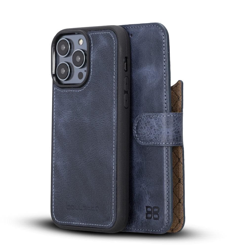 Bouletta iPhone 14 Series Detachable Leather Wallet Case in darker color, showcasing premium leather, card slots, and a kick-stand feature.