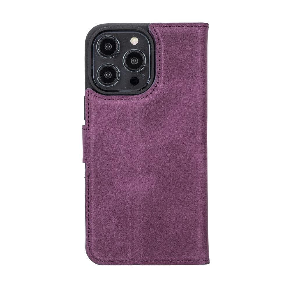 Bouletta iPhone 14 Series Detachable Leather Wallet Case in darker color, showcasing premium leather, card slots, and a kick-stand feature.