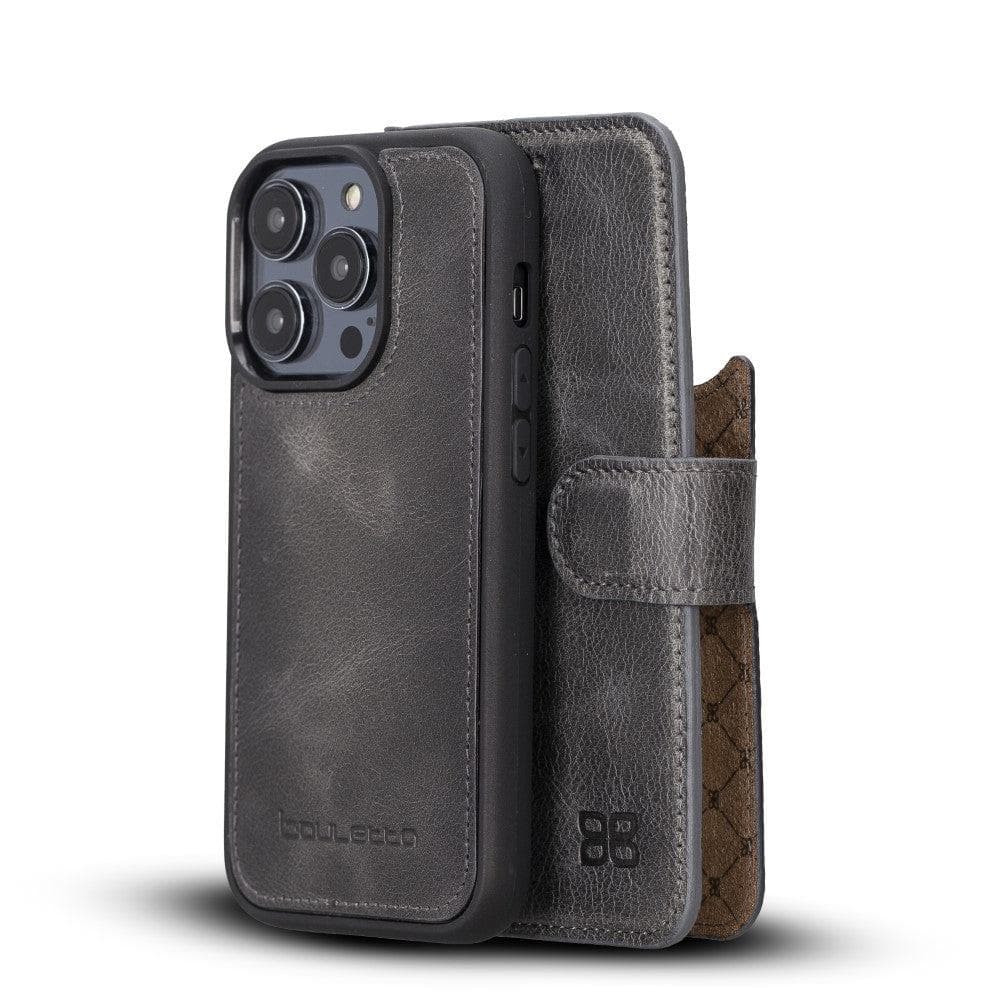 Bouletta iPhone 14 Series Detachable Leather Wallet Case in darker color, showcasing premium leather, card slots, and a kick-stand feature.