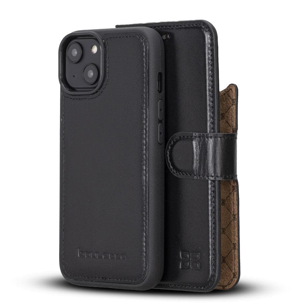 Bouletta iPhone 14 Series Detachable Leather Wallet Case in darker color, showcasing premium leather, card slots, and a kick-stand feature.