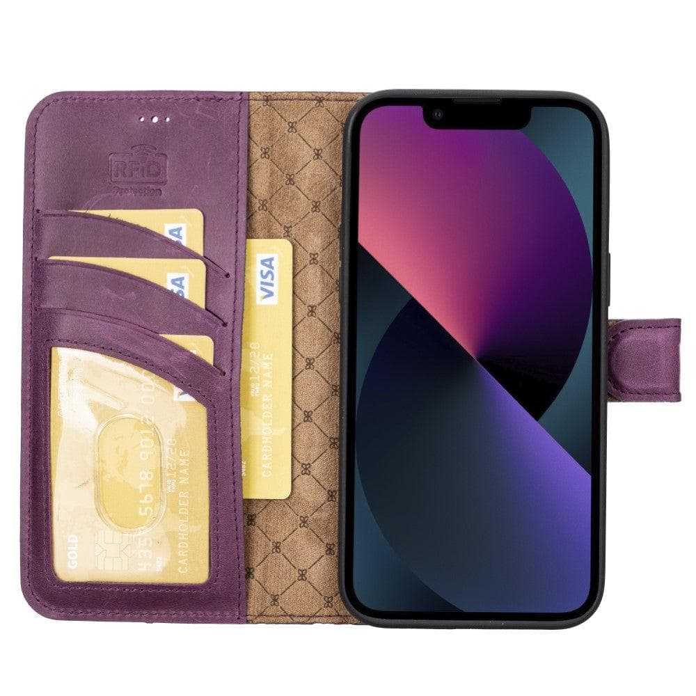 Bouletta iPhone 14 Series Detachable Leather Wallet Case in darker color, showcasing premium leather, card slots, and a kick-stand feature.