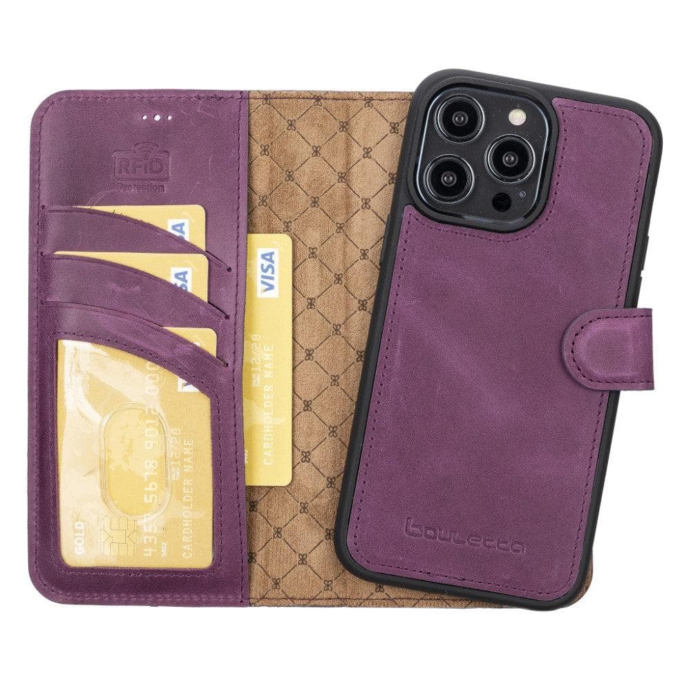 Bouletta iPhone 14 Series Detachable Leather Wallet Case in darker color, showcasing premium leather, card slots, and a kick-stand feature.