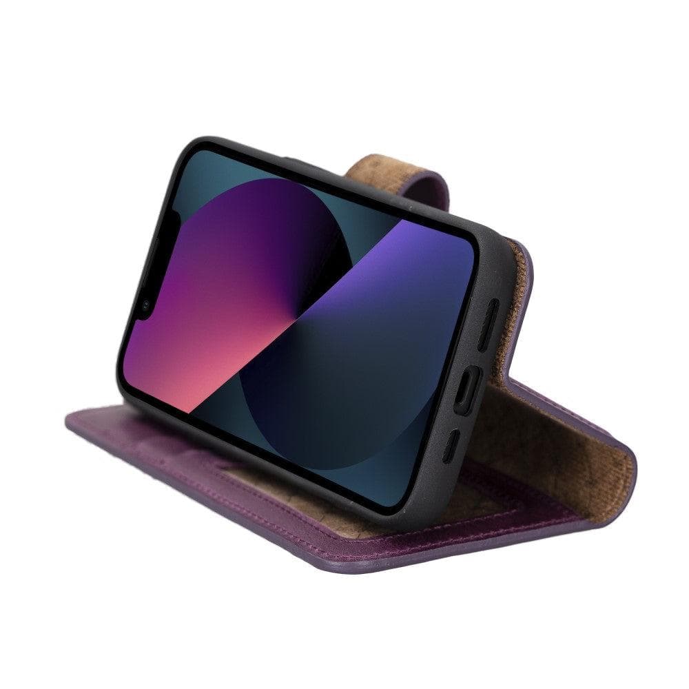 Bouletta iPhone 14 Series Detachable Leather Wallet Case in darker color, showcasing premium leather, card slots, and a kick-stand feature.