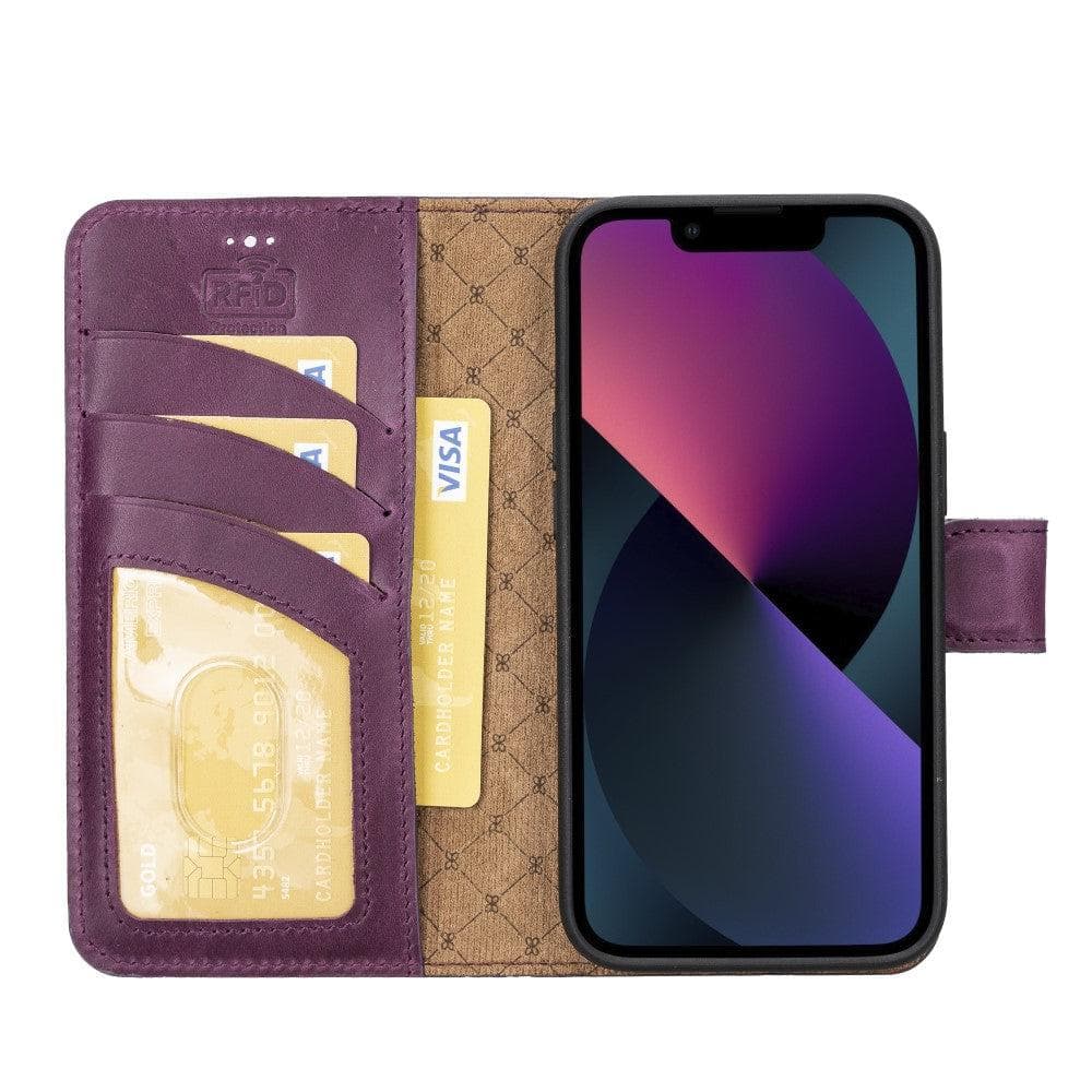 Bouletta iPhone 14 Series Detachable Leather Wallet Case in darker color, showcasing premium leather, card slots, and a kick-stand feature.