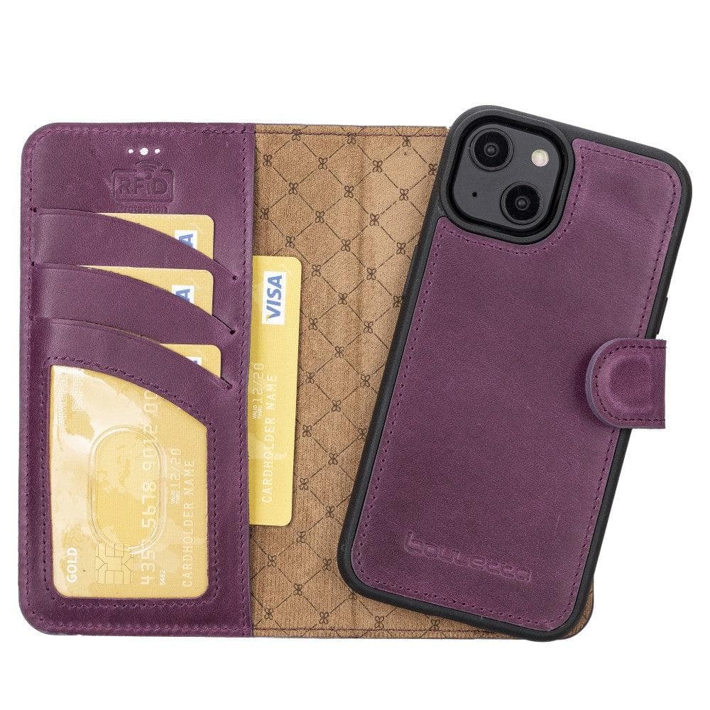 Bouletta iPhone 14 Series Detachable Leather Wallet Case in darker color, showcasing premium leather, card slots, and a kick-stand feature.