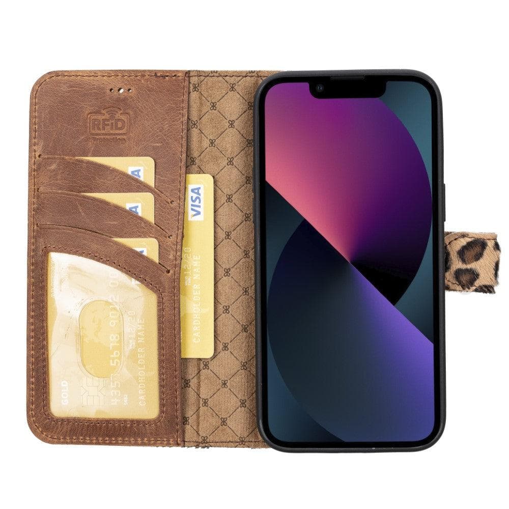 Bouletta iPhone 14 Series Detachable Leather Wallet Case in darker color, showcasing premium leather, card slots, and a kick-stand feature.