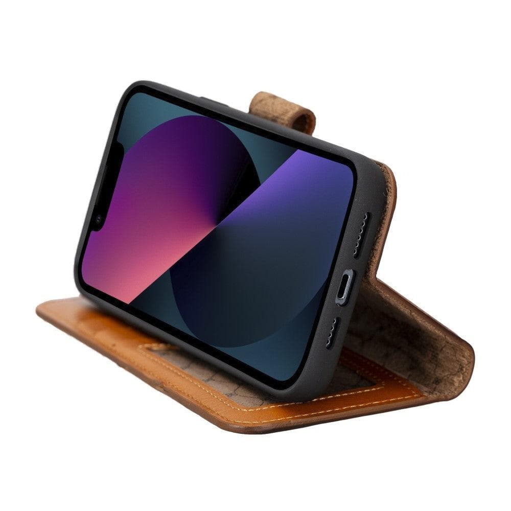 Bouletta iPhone 14 Series Detachable Leather Wallet Case in darker color, showcasing premium leather, card slots, and a kick-stand feature.