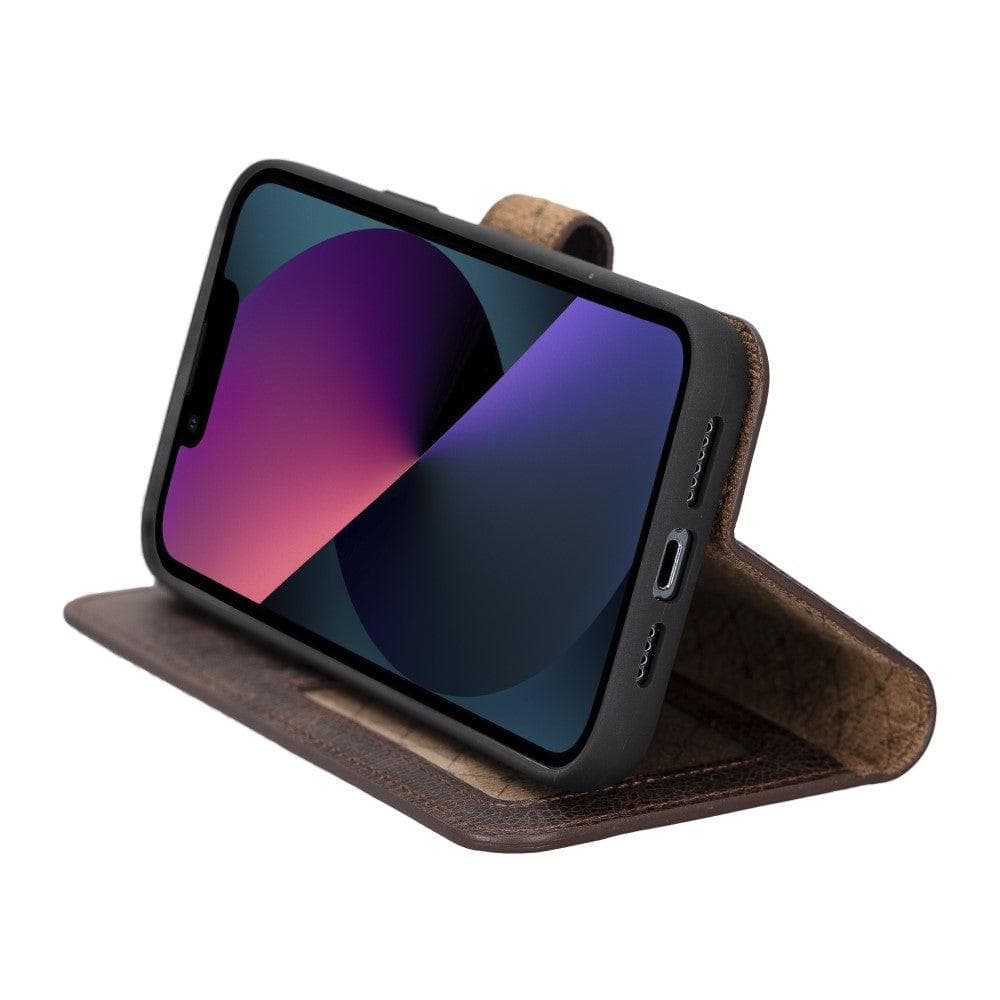 Bouletta iPhone 14 Series Detachable Leather Wallet Case in darker color, showcasing premium leather, card slots, and a kick-stand feature.