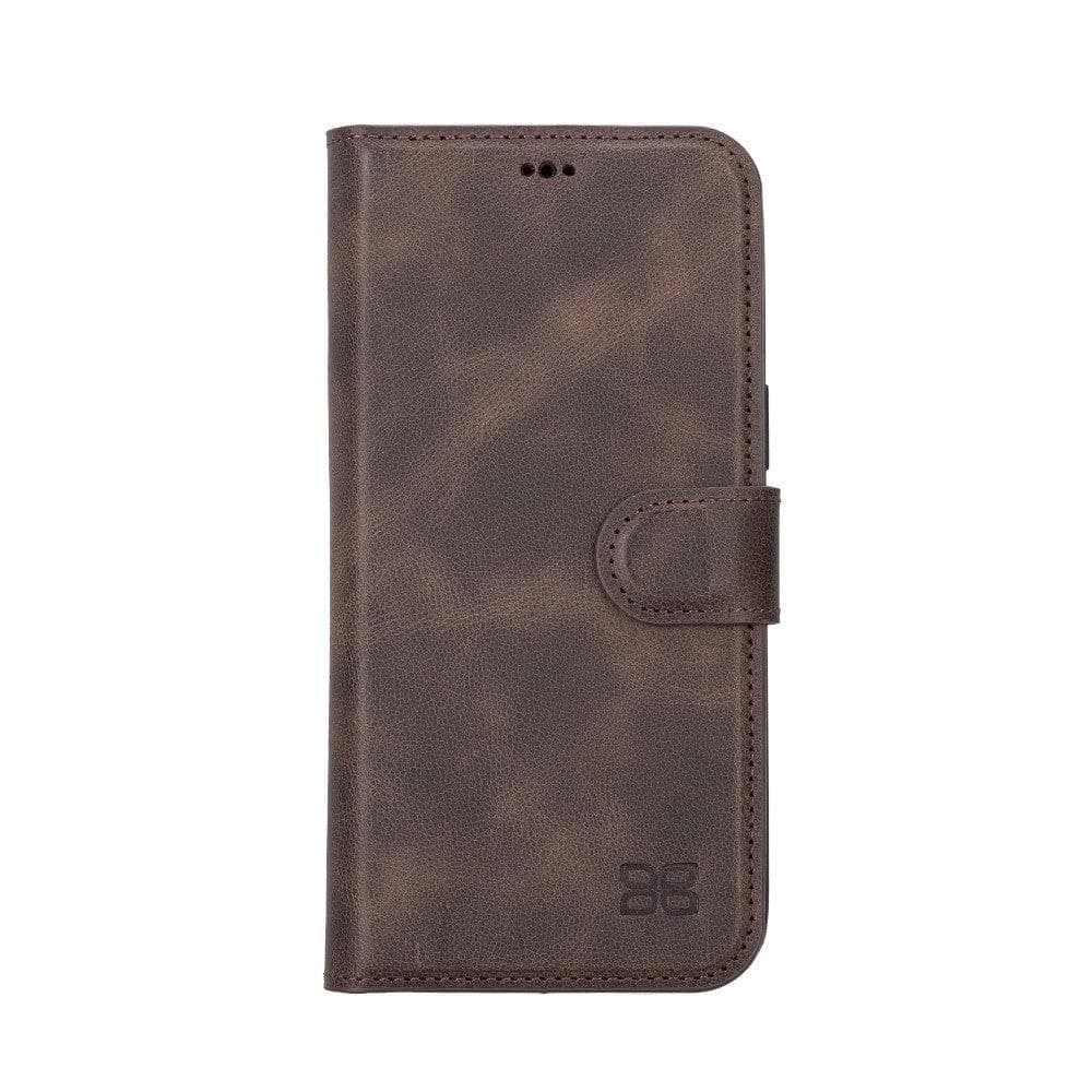 Bouletta iPhone 14 Series Detachable Leather Wallet Case in darker color, showcasing premium leather, card slots, and a kick-stand feature.