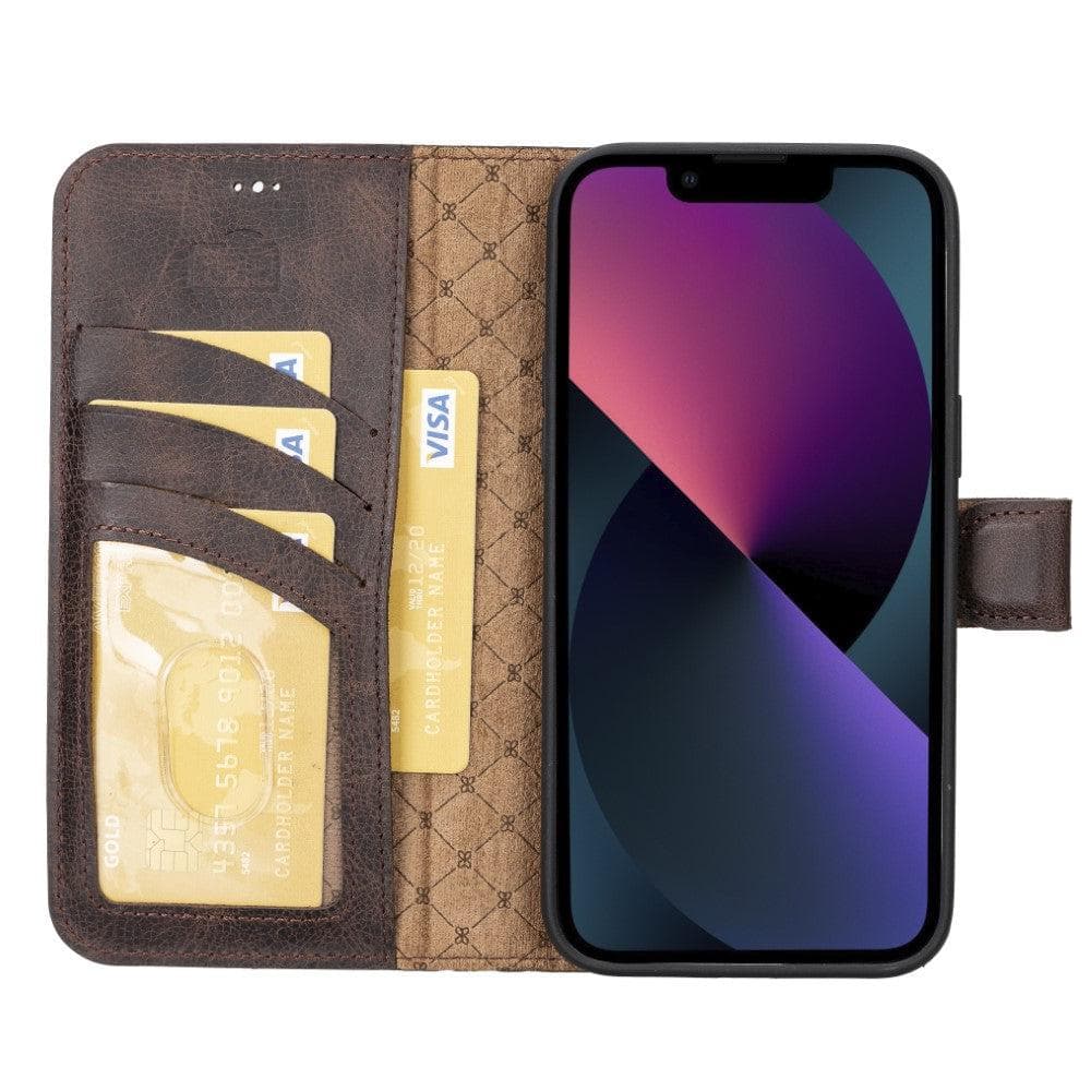 Bouletta iPhone 14 Series Detachable Leather Wallet Case in darker color, showcasing premium leather, card slots, and a kick-stand feature.