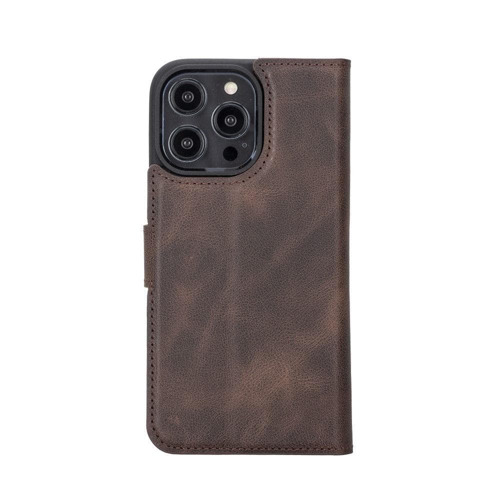 Bouletta iPhone 14 Series Detachable Leather Wallet Case in darker color, showcasing premium leather, card slots, and a kick-stand feature.