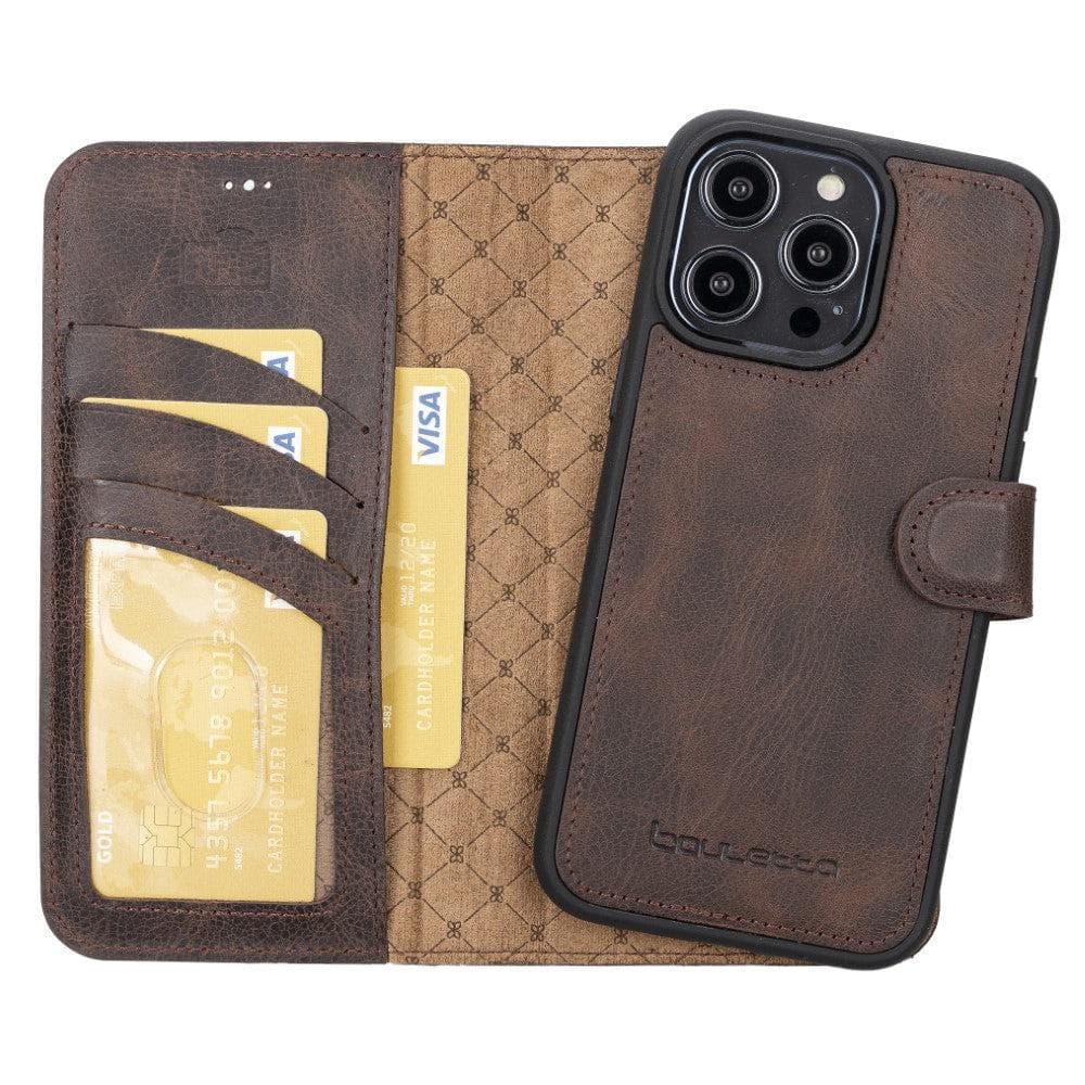 Bouletta iPhone 14 Series Detachable Leather Wallet Case in darker color, showcasing premium leather, card slots, and a kick-stand feature.