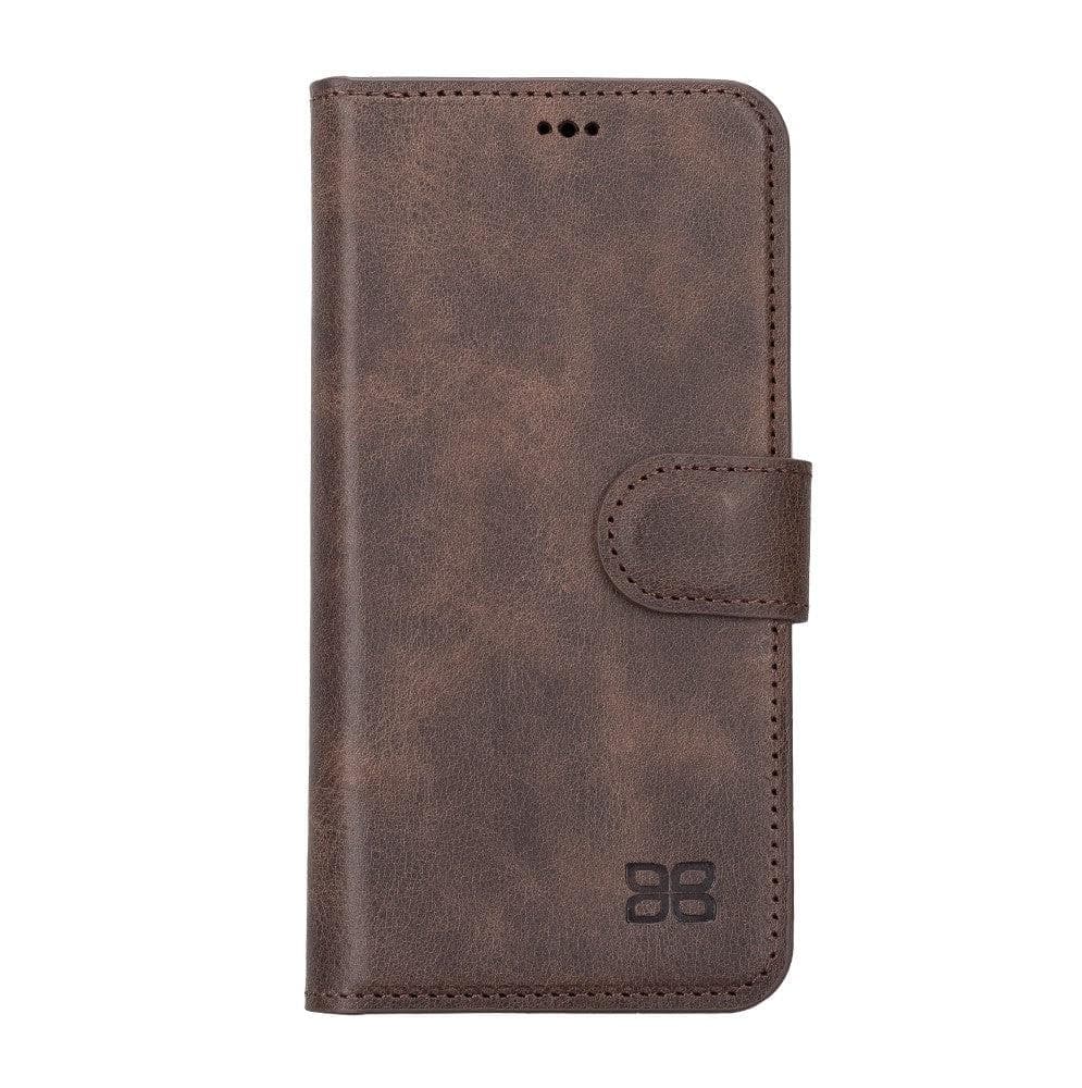 Bouletta iPhone 14 Series Detachable Leather Wallet Case in darker color, showcasing premium leather, card slots, and a kick-stand feature.