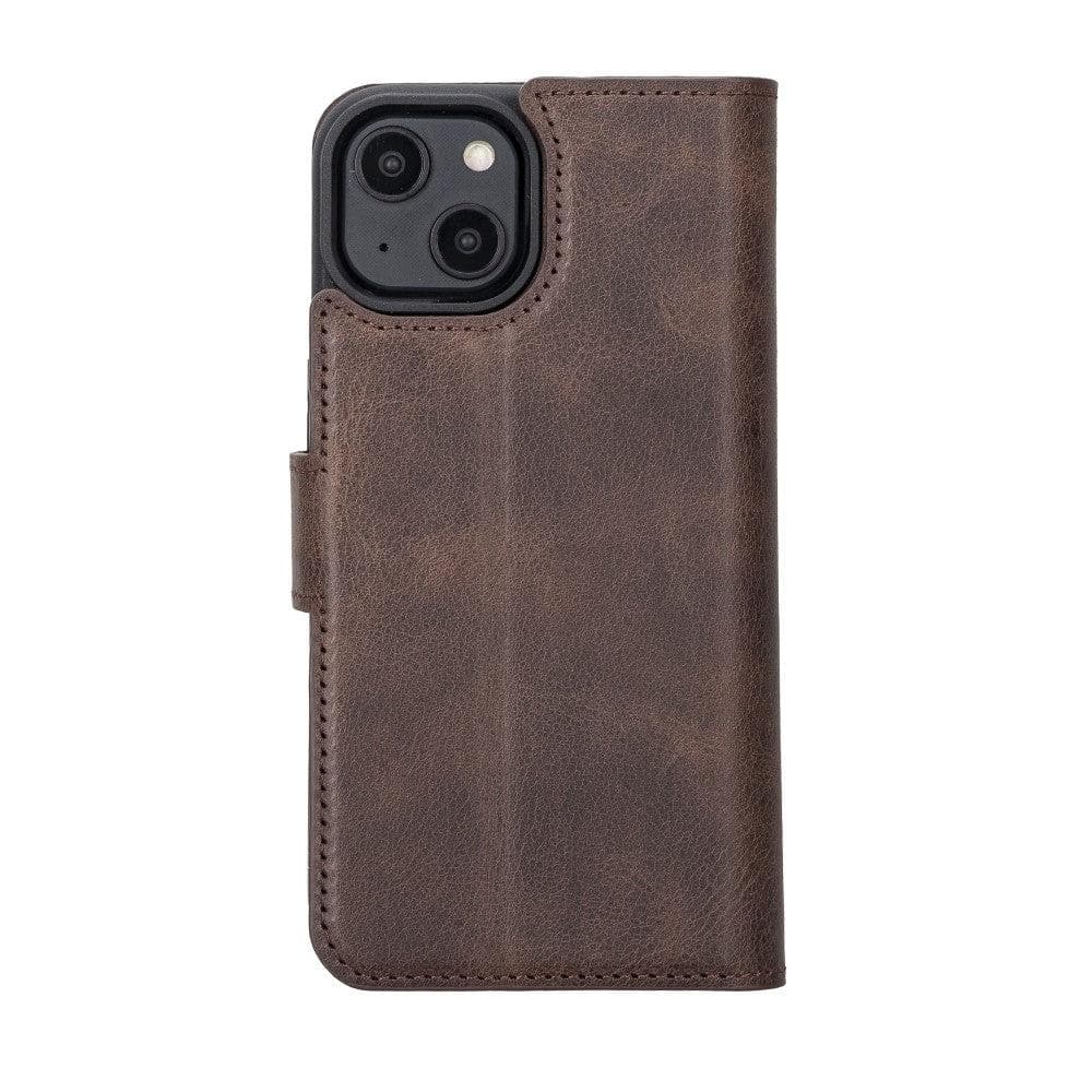 Bouletta iPhone 14 Series Detachable Leather Wallet Case in darker color, showcasing premium leather, card slots, and a kick-stand feature.