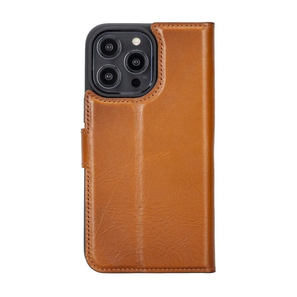 Bouletta iPhone 14 Series Detachable Leather Wallet Case in darker color, showcasing premium leather, card slots, and a kick-stand feature.