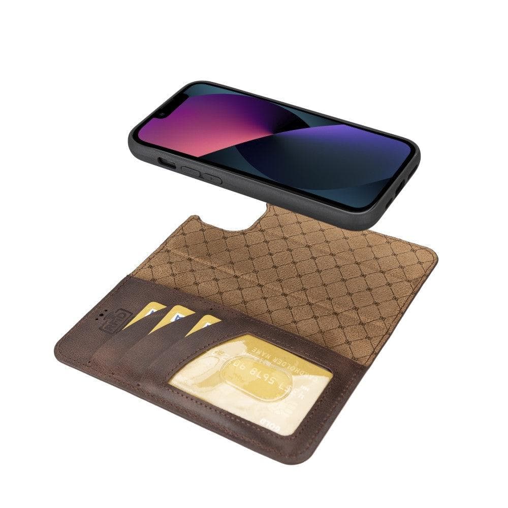 Bouletta iPhone 14 Series Detachable Leather Wallet Case in darker color, showcasing premium leather, card slots, and a kick-stand feature.