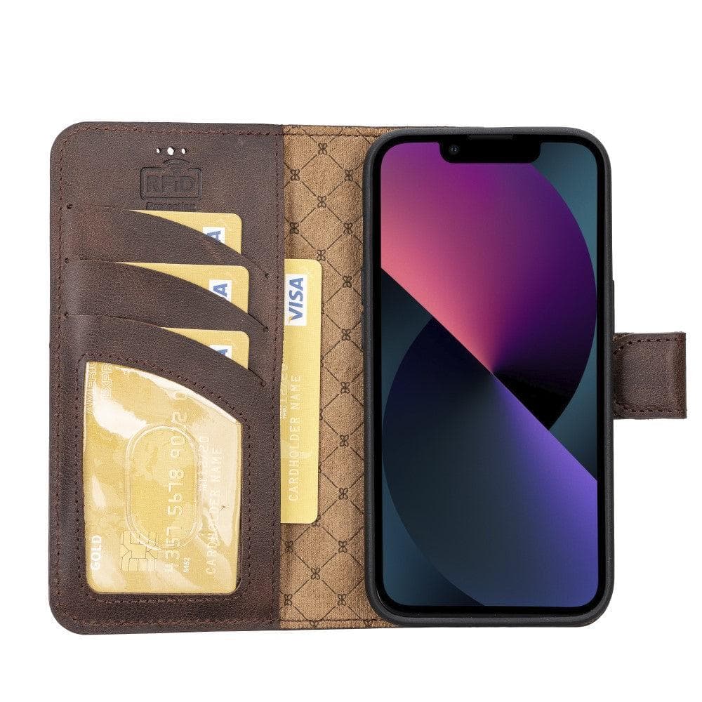 Bouletta iPhone 14 Series Detachable Leather Wallet Case in darker color, showcasing premium leather, card slots, and a kick-stand feature.