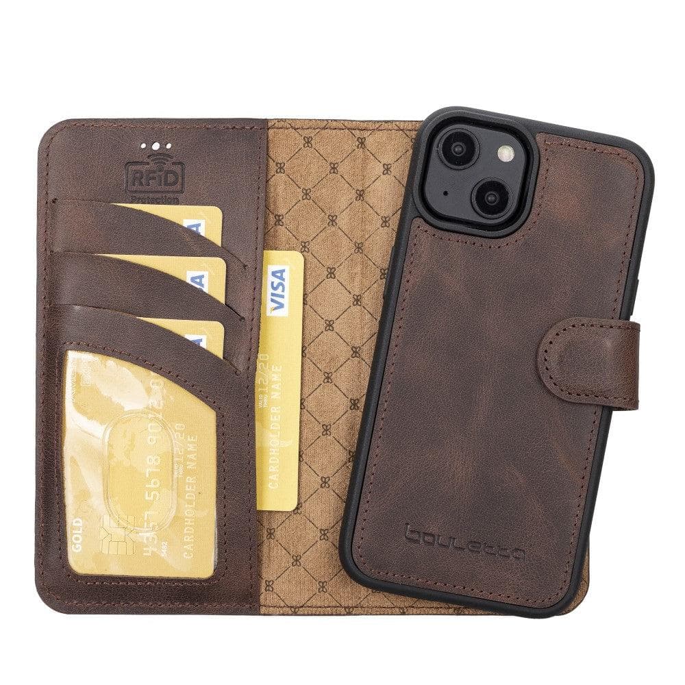 Bouletta iPhone 14 Series Detachable Leather Wallet Case in darker color, showcasing premium leather, card slots, and a kick-stand feature.