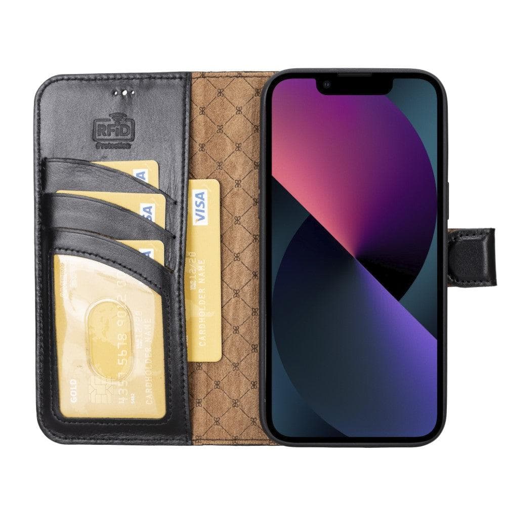 Bouletta iPhone 14 Series Detachable Leather Wallet Case in darker color, showcasing premium leather, card slots, and a kick-stand feature.