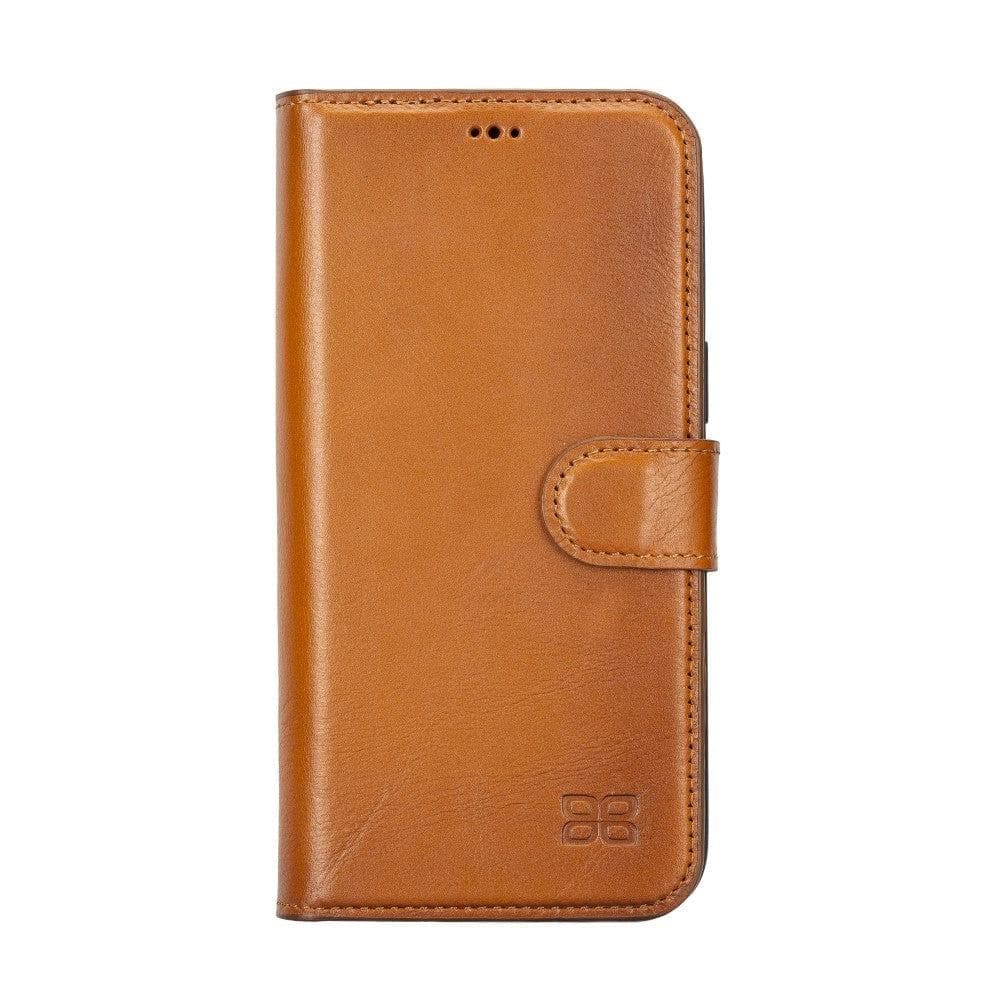 Bouletta iPhone 14 Series Detachable Leather Wallet Case in darker color, showcasing premium leather, card slots, and a kick-stand feature.