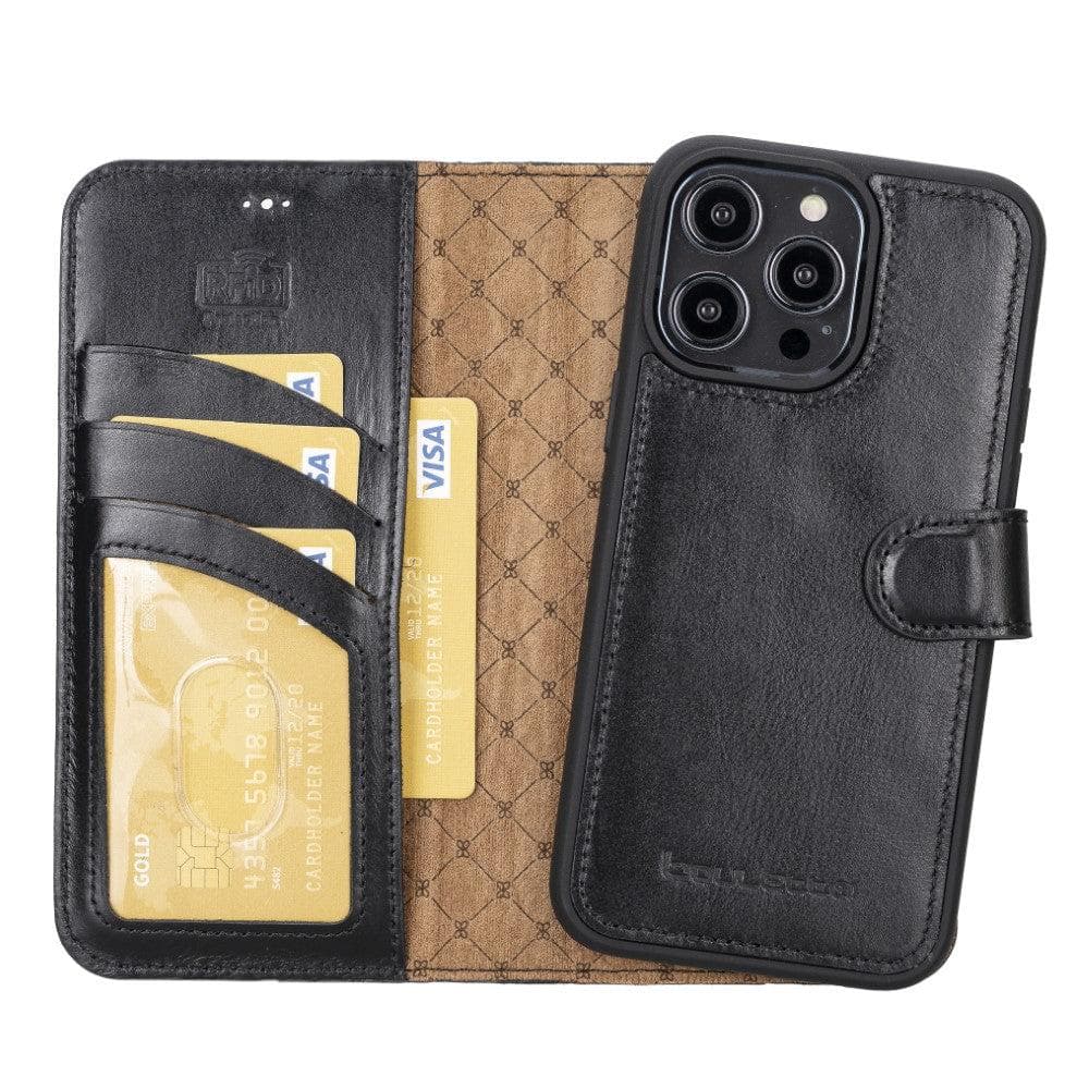 Bouletta iPhone 14 Series Detachable Leather Wallet Case in darker color, showcasing premium leather, card slots, and a kick-stand feature.